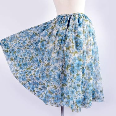 60's Blue Floral Chiffon Skirt, Sheer, Very Full, Vintage 1960's Dress 