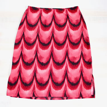 Vintage Y2K Skirt, Midi Skirt, Stretchy Skirt, Sparkly, Metallic, Geometric Deco Print, Bright Red Pink, Glitter 