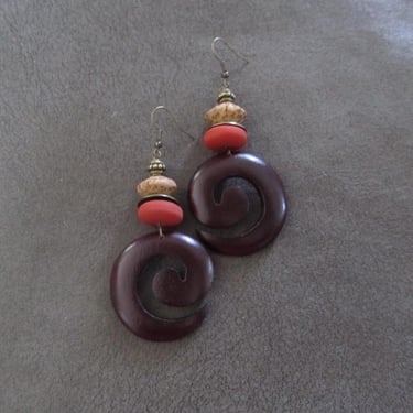 Large spiral natural wooden earrings 2 