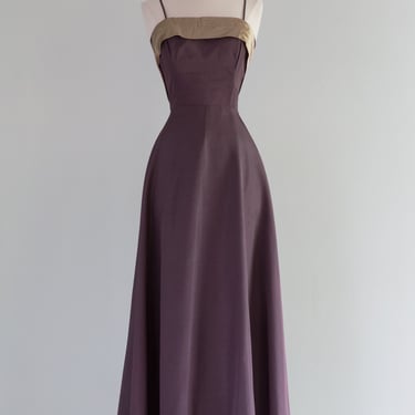 Elegant 1950's Aubergine Evening Gown With Antique Gold Satin Accents / SM