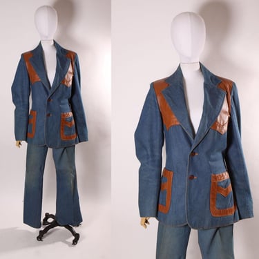 1970s Blue Denim and Leather Button Down Blazer Jacket with Matching Leather Stripe Two Piece Pant Suit by International Shirt Shop 