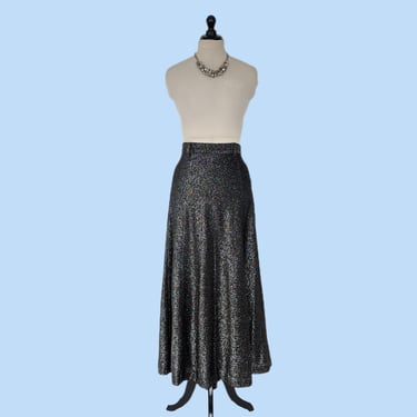 Vintage 60s Metallic Black and Silver Maxi Skirt, 1960s Glittery Full Length Formal Evening Skirt 