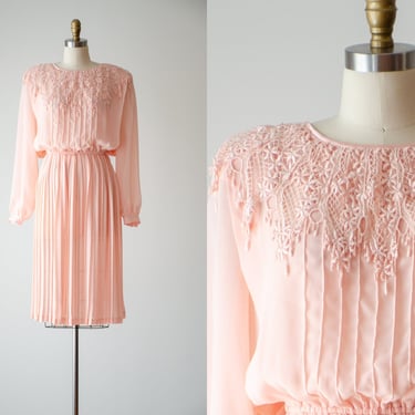 peach chiffon dress | 80s vintage pastel pleated lace collar long sleeve knee length dress 