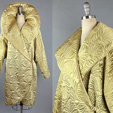 1980s Gold Coat / Art Deco Evening Coat / Joan Raines Gold Quilted Satin Cocoon Coat with Metallic Trim / One Size Small Medium Large 