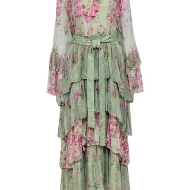 Hermant &amp; Nandita - Green w/ Pink Floral Print Embroidered Maxi Dress Sz S