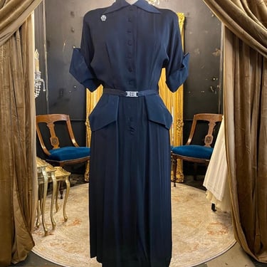 1940s peplum dress, black rayon, vintage 40s dress, film noir, old Hollywood, 27 28, medium, bombshell, French cuff, high collar, rockabilly 