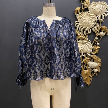 1970s blouse, Juliet dunn, blue lace, accordion pleated, vintage tunic, silver metallic, fancy shirt, sheer blouse, bohemian style, hippie 