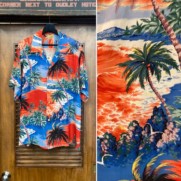 Vintage 1950’s Size L Tropical Island Palm Tree Crepe Tiki Hawaiian Shirt, 50’s Loop Collar Shirt, Vintage Clothing 