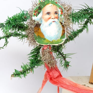 Early 1900's German Victorian Die Cut and Tinsel Belsnickel Santa Scrap Ornament with Red Crepe Paper Streamers 