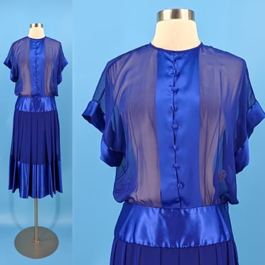 Eighties Albert Nipon Boutique 4 Blue Sheer Short Sleeve Shirtwaist Dress with Pleated Sheer Skirt 