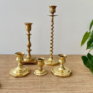 Vintage Baldwin Brass Candle Holders - Set of 5 Polished Brass - Mismatched Sizes and Shapes 