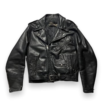 Vintage 1960s MONTGOMERY WARD 2-Star Black Leather Motorcycle Jacket ~ size 40 / M ~ Biker ~ Double Rider ~ 60s ~ Serval Zipper 