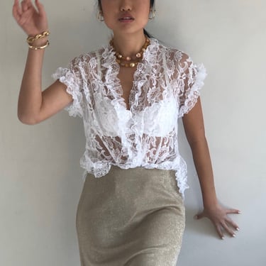 90s lace blouse / vintage white sheer lace open front short cap sleeve see through blouse | Medium 
