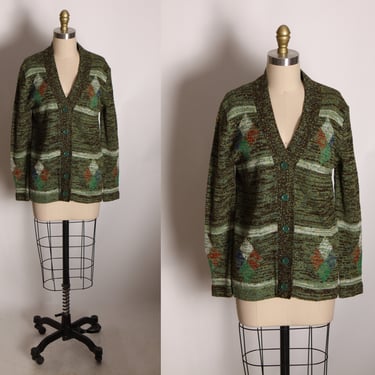 1970s Green, Tan and Brown Long Sleeve Acrylic Button Up Harlequin Sweater Cardigan -L 