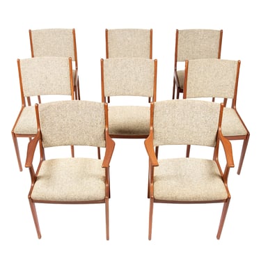 Set of 8 Teak Upholstered  (2 Arm + 6 Side) Tall-Back Dining Chairs