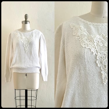 vintage 80's winter white knit lace sweater granny core 