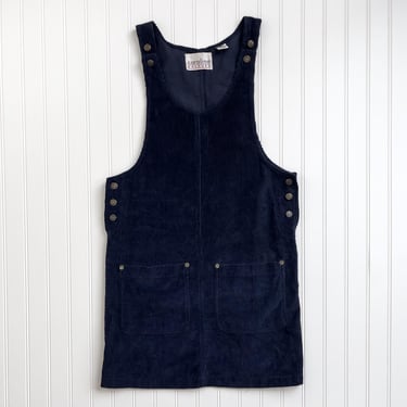 corduroy pinafore dress 90s vintage Carolina Colours sleeveless navy blue mini dress 