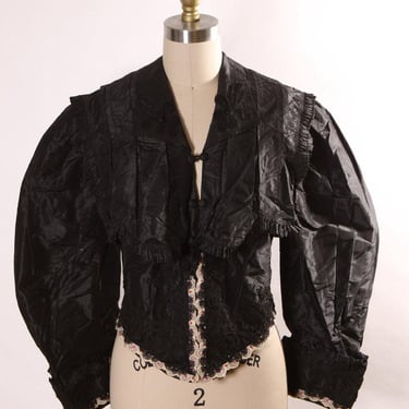 Antique 1800s Black Long Sleeve Lace Trim Mourning Blouse -M 