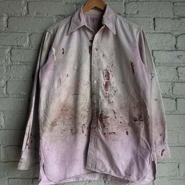 Vintage 1940s 1950s Paint Splattered Pink Button Up Shirt, Cotton, Workwear 