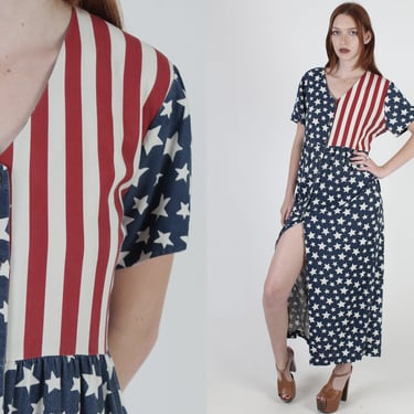 Fourth Of July Americana Dress / Stars And Stripes Button Up Maxi Dress / 1990s Grunge Patriotic Flag Dress / Womens Large Summer Parade 