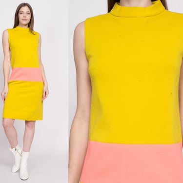 60s Mod Color Block Shift Dress, As Is - Small | Vintage Yellow Pink Wool Sleeveless Mini Dress 