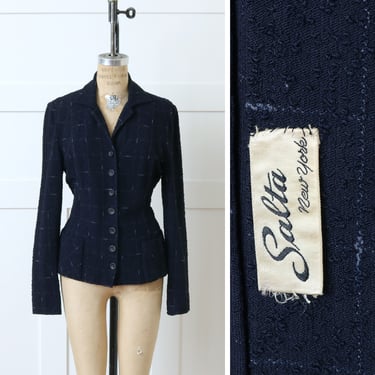 vintage 1950s knit boucle wool suit jacket • flecked navy blue tailored blazer by Salta New York 