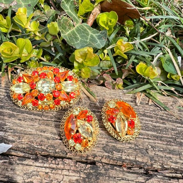 Vintage Austria Brooch & Earrings Inverted Crystal Ribbon Edges Orange Lemon Set 