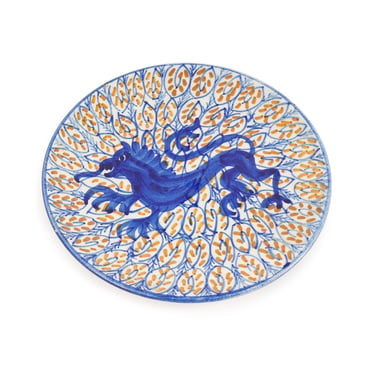 Majolica Faience Decorative Plate Wall Hanging Griffin Hand Painted Blue Spain 