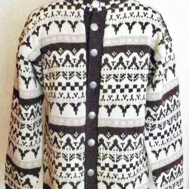 Vintage Hand Knit Womens Mens Norwegian Cardigan Jacket Sweater Geometric Brown Cream Beige w Pewter Buttons 