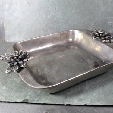 Vintage Heavy Pewter Tray | Made in India Metal Tray with Pine Cone Decoration | Holiday Decor | Thanksgiving Decor | Bixley Shop 