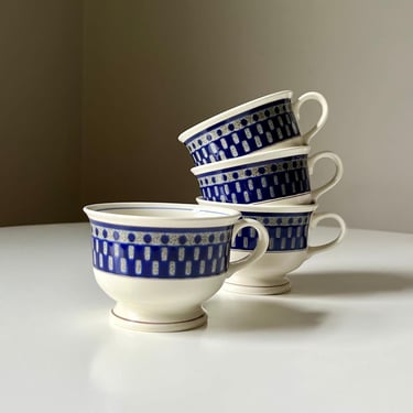 Vintage Stoneware Mikasa Potter's Touch "Aztec Blue" Pedestal Mugs (Set of 4) 