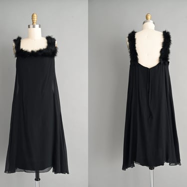 1950s vintage dress | vintage 1950s Black Ostrich Feather Cocktail dress | Large 