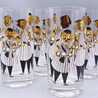 Collectible Gay Fad Glasses, Sets of 4 Highball cocktail glasses, Mid Century Fran Taylor Glassware, Barbershop Quartet barware tumblers 