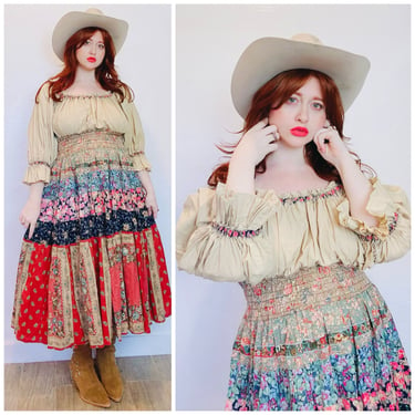 1980s Vintage Cotton Floral Patchwork Peasant Dress / 80s / Smocked Waist Full Skirt Puffed Sleeve Prairie Dress / Medium - XL 