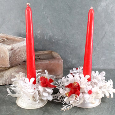 Vintage Christmas Candleholders - White Plastic Dime Store Candle Holders with Red Cardinals for Your Vintage Holiday Decor | Bixley Shop 