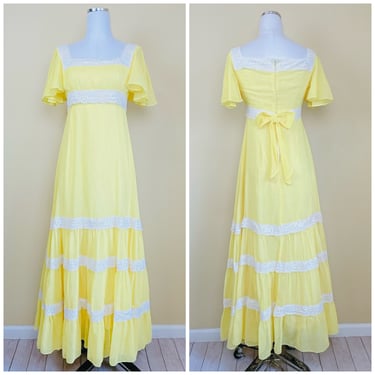 1970s Vintage Yellow Lorrie Deb Cotton Voile Dress / 70s Empire Waist Tiered Lace Flutter Sleeve Prairie Gown / Small 