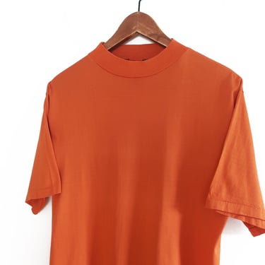 mock neck t shirt / 60s t shirt / 1960s orange cotton mock neck short sleeve single stitch t shirt Medium 