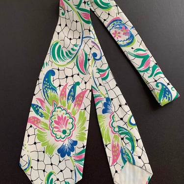 1940's Wide Tie - Vivid Colorful Print - Unusual White Background for the Period - All Silk - NOS DeadStock - Never Worn 