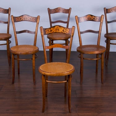 Antique French Bentwood Marquetry Bistro Dining Chairs W/ Cane Seats - Set of 6 