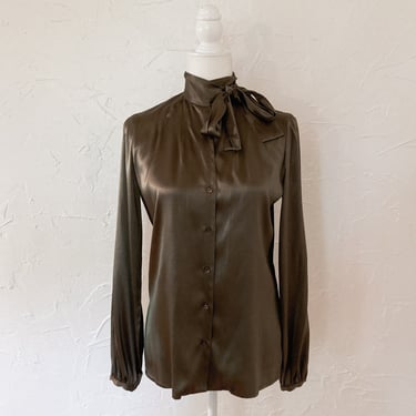 80s Silk Brown Olive Green Liquid Satin Bow Button Up Blouse | Medium 