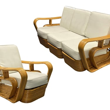 Restored 5-Strand Rattan "Double-Speed" Arm Sofa & Lounge Chair Living Room Set 