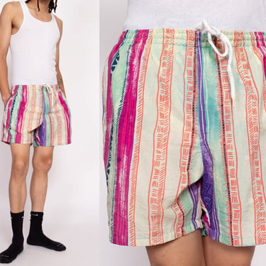 90s Izod Striped Swim Shorts - Men's Medium, 32-34 | Vintage Colorful Geometric Swimming Trunks 