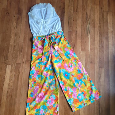 Vintage 1960's Floral Jumpsuit / 70s Vibrant One Piece Pant Suit M/L 