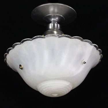 1940s Iridescent Fluted Edge Glass Dish Semi Flush Mount Light