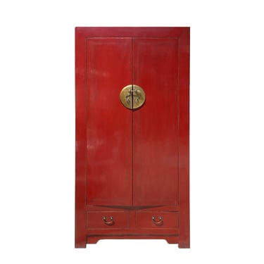 Chinese Distressed Brick Red Tall Moon Face Armoire Wardrobe TV Cabinet cs7327E 