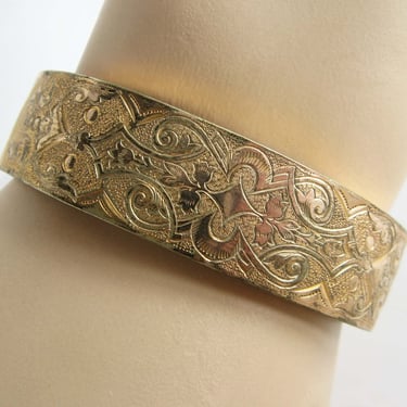 Antique Hinged Wide Bangle Bracelet Gold Filled and Etched on Both Sides 1900's Victorian Edwardian 