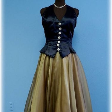 Designer Vintage Black & Gold Tuxedo Halter Prom  Evening Dress 