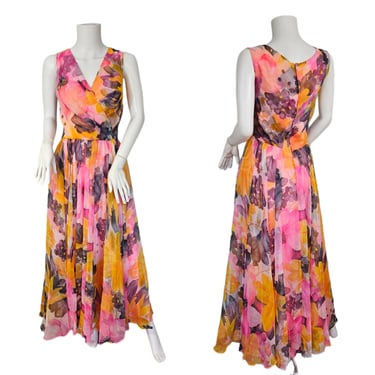 Jack Bryan Dupuis Painterly Watercolor Pastel Floral Chiffon Maxi Dress I Gown Sz Med 