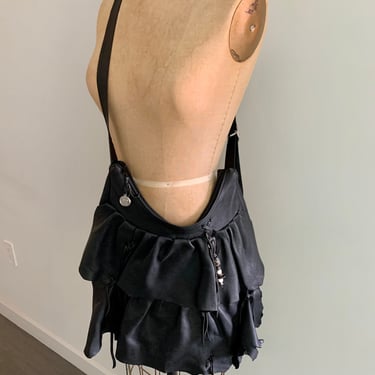 Erda-oversize deerskin black leather wearable art abstract ruffle shoulder bag. 