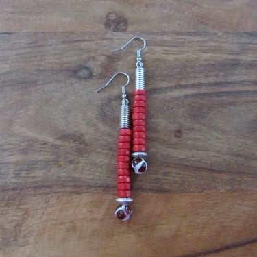 Wooden and Tibetan agate earrings, red 